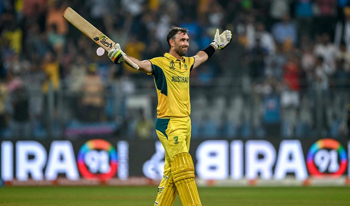 Australia's Glenn Maxwell celebrates after winning the 2023 ICC Men's Cricket World Cup one-day international (ODI) match between Australia and Afghanistan at the Wankhede Stadium in Mumbai on November 7, 2023. (AFP)