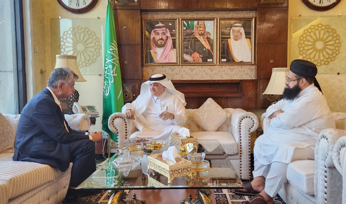 Pakistan's Caretaker Information Minister Murtaza Solangi (left) meets Saudi Arabia’s Ambassador to Pakistan, Nawaf bin Said Al-Malki (second from left), in Islamabad, Pakistan on November 9, 2023. (Pakistan Government)