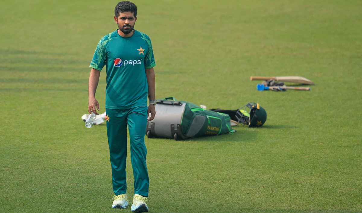 Pakistan's captain Babar Azam attends a practice session ahead of their ICC Men's Cricket World Cup match against England in Kolkata, India, on November 10, 2023. (AP)