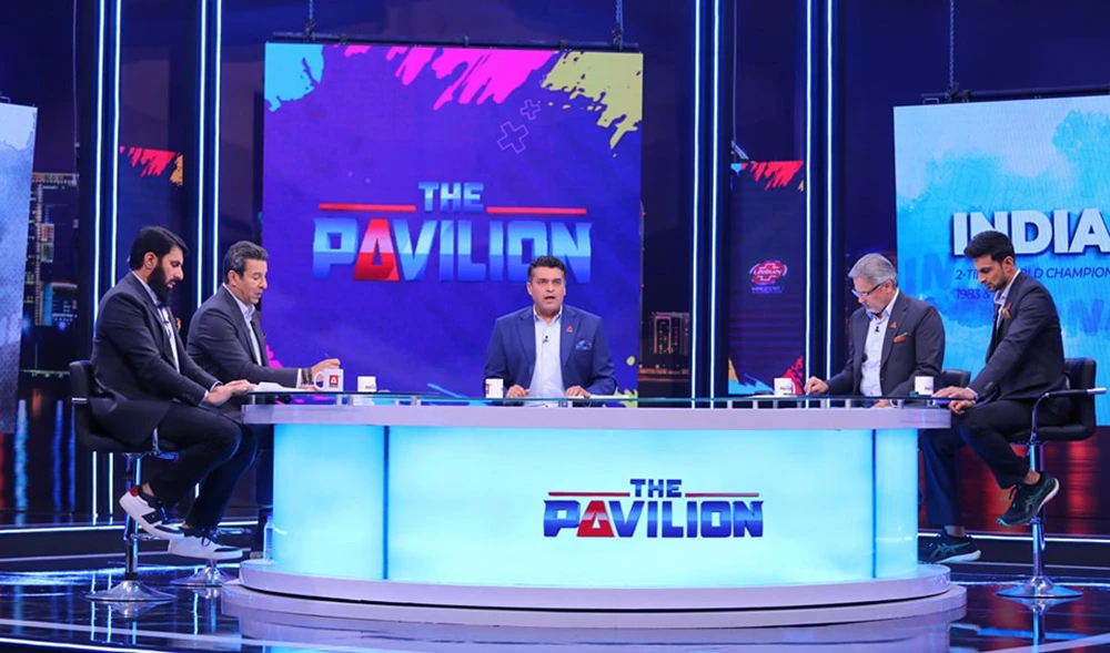 Panelists of the Pakistani show 'The Pavilion' on the sets on November 16, 2023. (Photo courtesy: @asportstv.pk/Instagram)