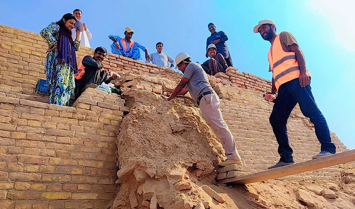 Employees of the Sindh government work at the historic site of Mohenjo Daro in Larkana, Pakistan on November 17, 2023. (Photo courtesy: Supplied/Shaikh Javed Ali Sindhi)