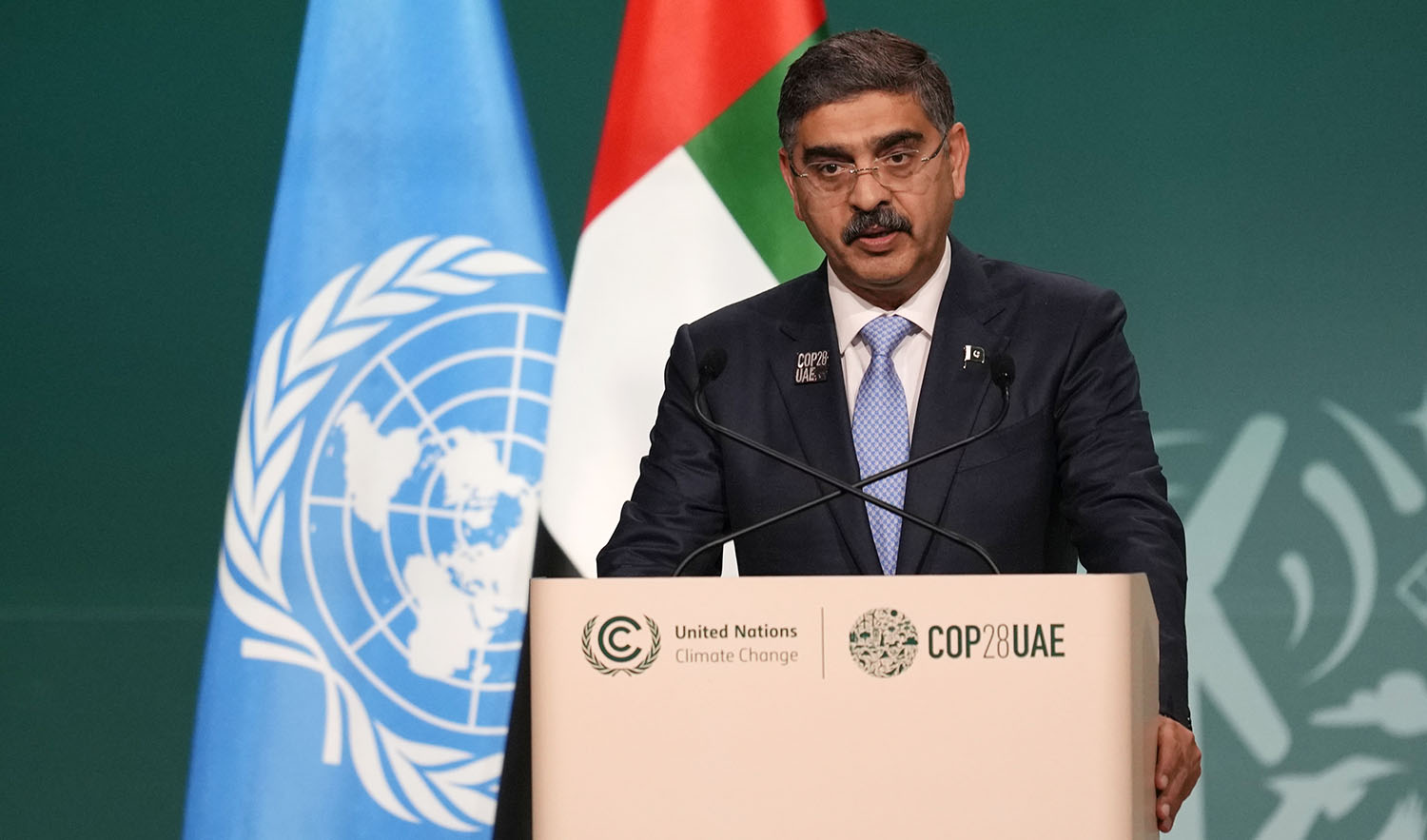 Pakistan Prime Minister Anwaar-ul-Haq Kakar speaks during a plenary session at the COP28 UN Climate Summit in Dubai, United Arab Emirates, on December 2, 2023. (AP)