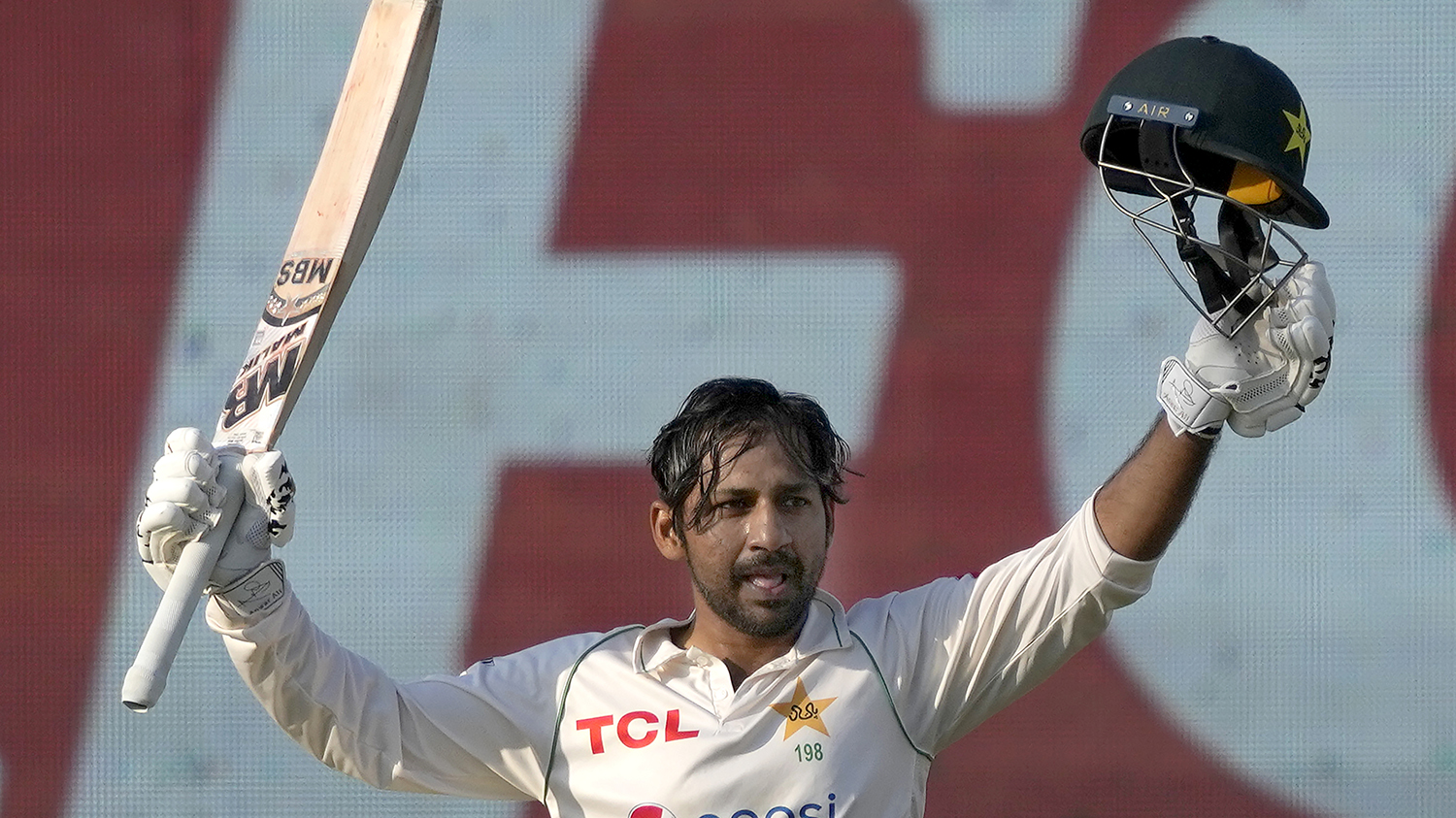 Pakistan's Sarfraz Ahmed celebrates after scoring century during the fifth day of the second test cricket match between Pakistan and New Zealand, in Karachi, Pakistan on January 6, 2023. (AP/File)