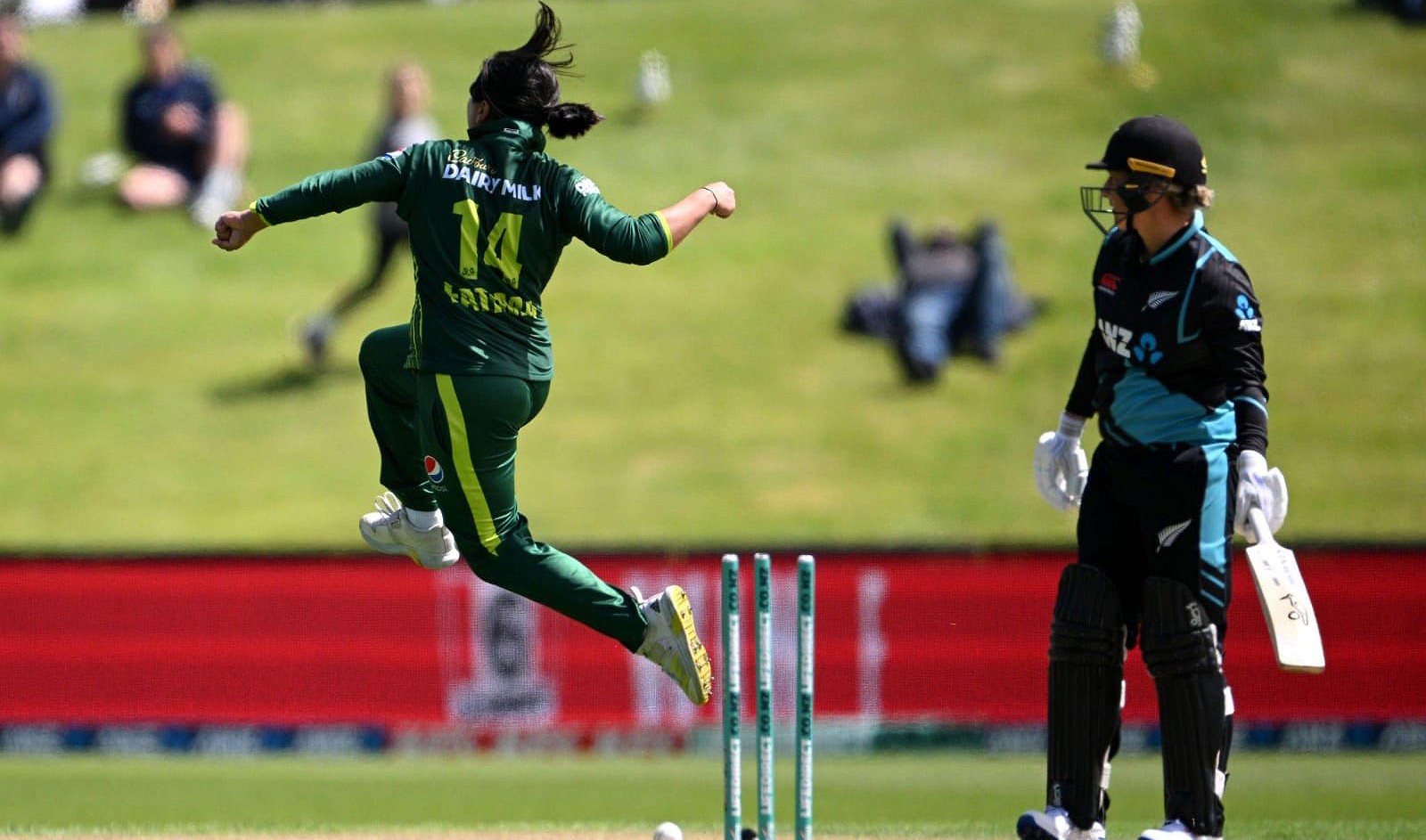 Pakistani bowler Fatima Sana celebrates after taking a wicket in Pakistan vs New Zealand T20I match at Dunedin on December 5, 2023. (Pakistan Cricket Board)