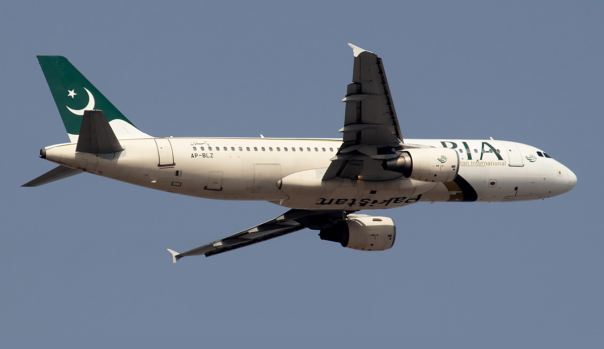 An Airbus A320 aircraft owned by Pakistan International Airlines (PIA) flies over Lahore, Pakistan, on August 27, 2021. (Photo courtesy: Abdullah A Mughal/Snappers Crew)