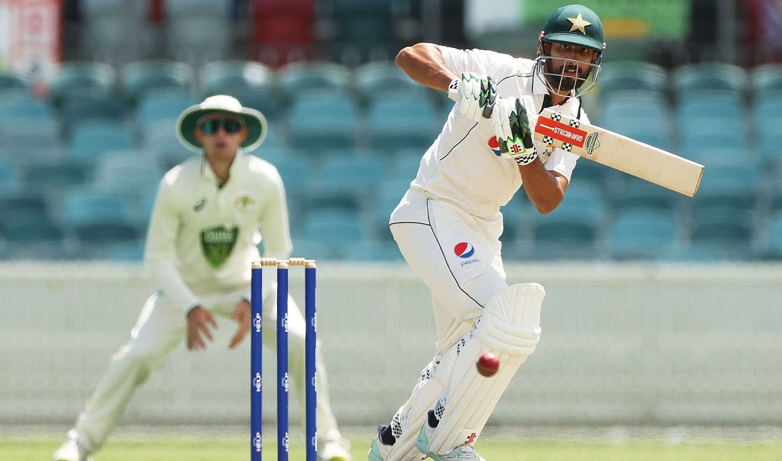 Pakistani skipper Shan Masood is pictured playing a shot on the Day 2 of the four-day match between Pakistan and Prime Minister's XI in Canberra on December 7, 2023, ahead of their three-Test series against Australia. (@TheRealPCB_Live)