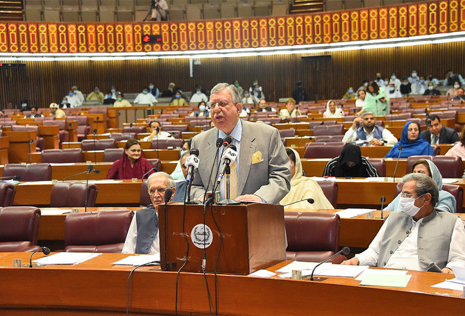 This file photo shows Pakistan's former Finance Minister, Shaukat Tarin, addressing a budget session in National Assembly of Pakistan in Islamabad on June 25, 2021. (National Assembly of Pakistan)