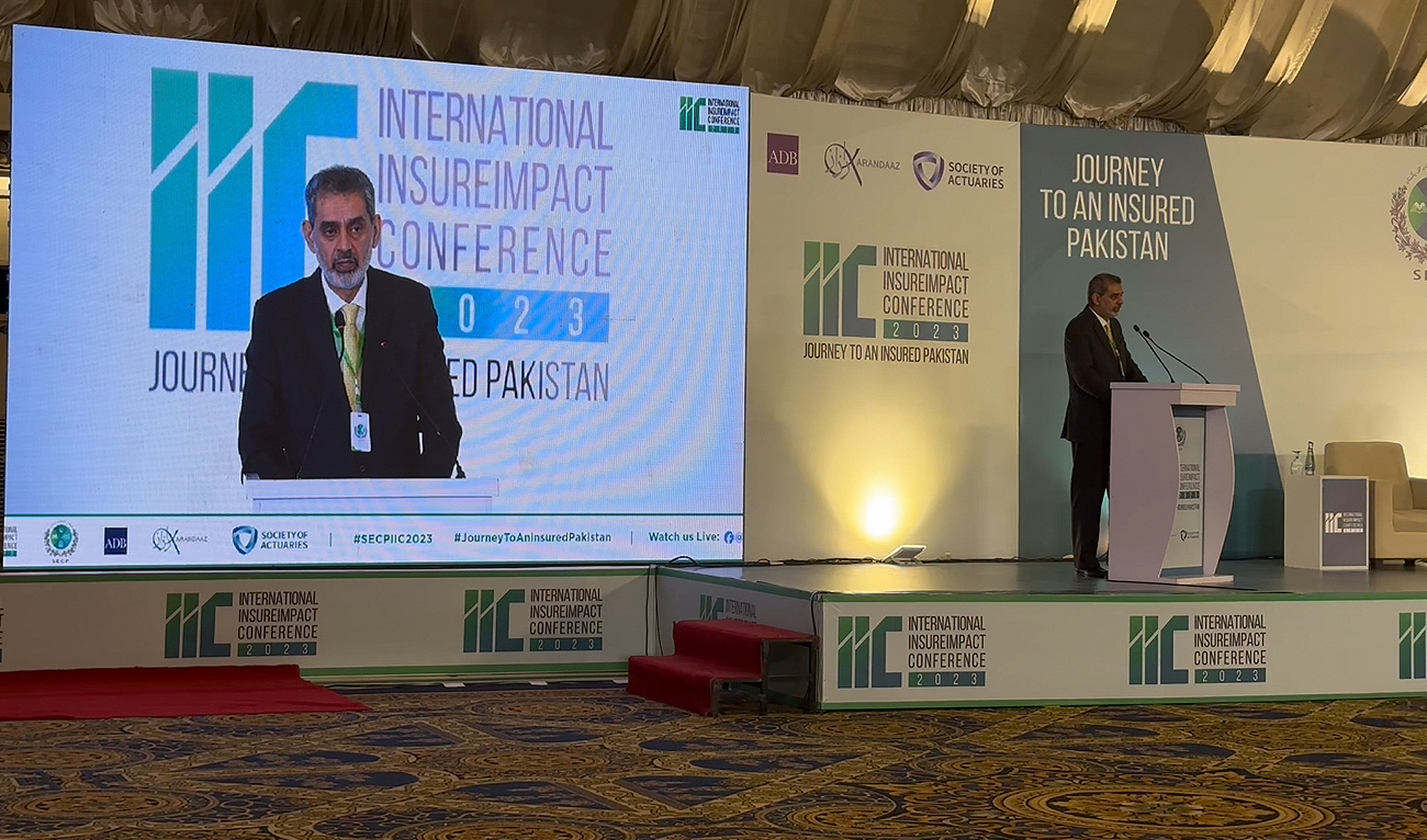 Akif Saeed, chairman of the Securities and Exchange Commission of Pakistan, speaks at the International InsureImpact Conference 2023 in Karachi on December 13, 2023. (AN Photo)