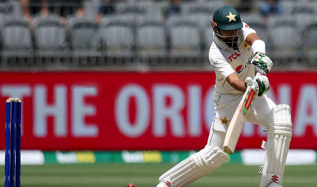 Pakistan's Babar Azam plays a shot during day three of the first Test cricket match between Australia and Pakistan in Perth on December 16, 2023. (AFP)