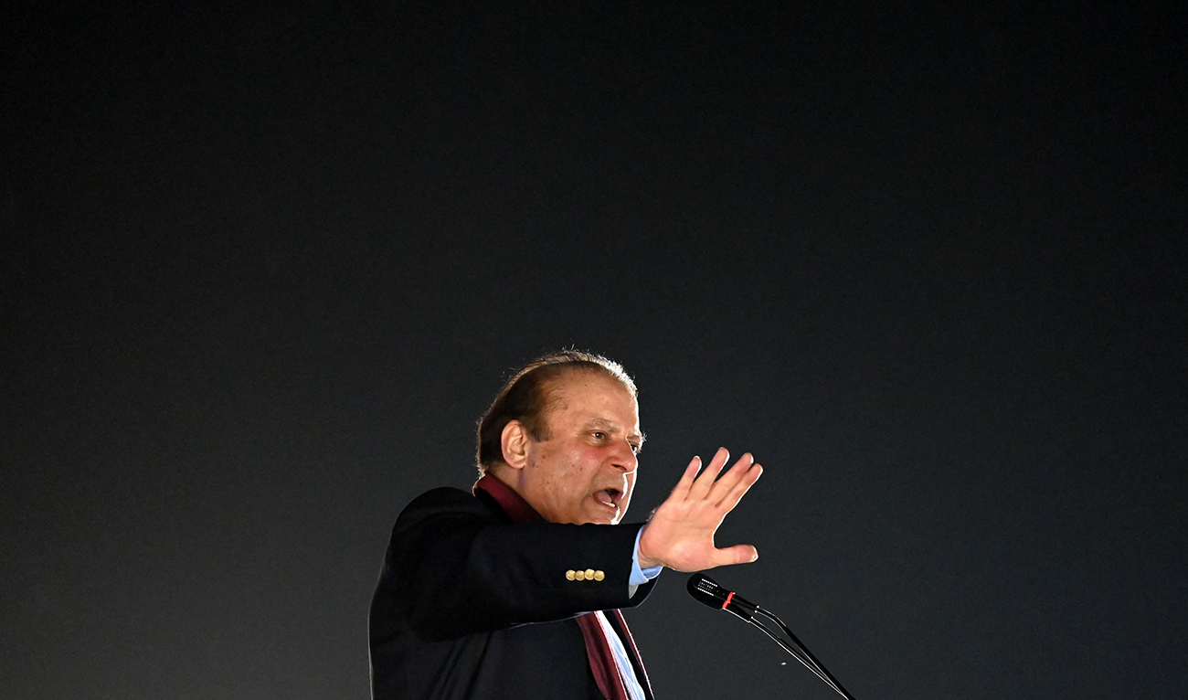 Pakistan's former Prime Minister Nawaz Sharif addresses his supporters gathered at a park during an event held to welcome him in Lahore on October 21, 2023. (AFP/File)