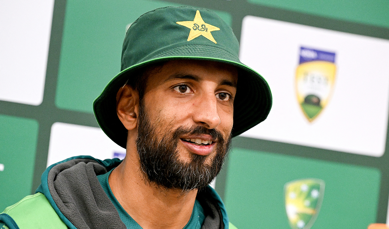 Pakistan's captain Shan Masood speaks during a press conference at the Melbourne Cricket Ground (MCG) in Melbourne on December 25, 2023, on the eve of the second cricket Test match between Australia and Pakistan. (AFP)