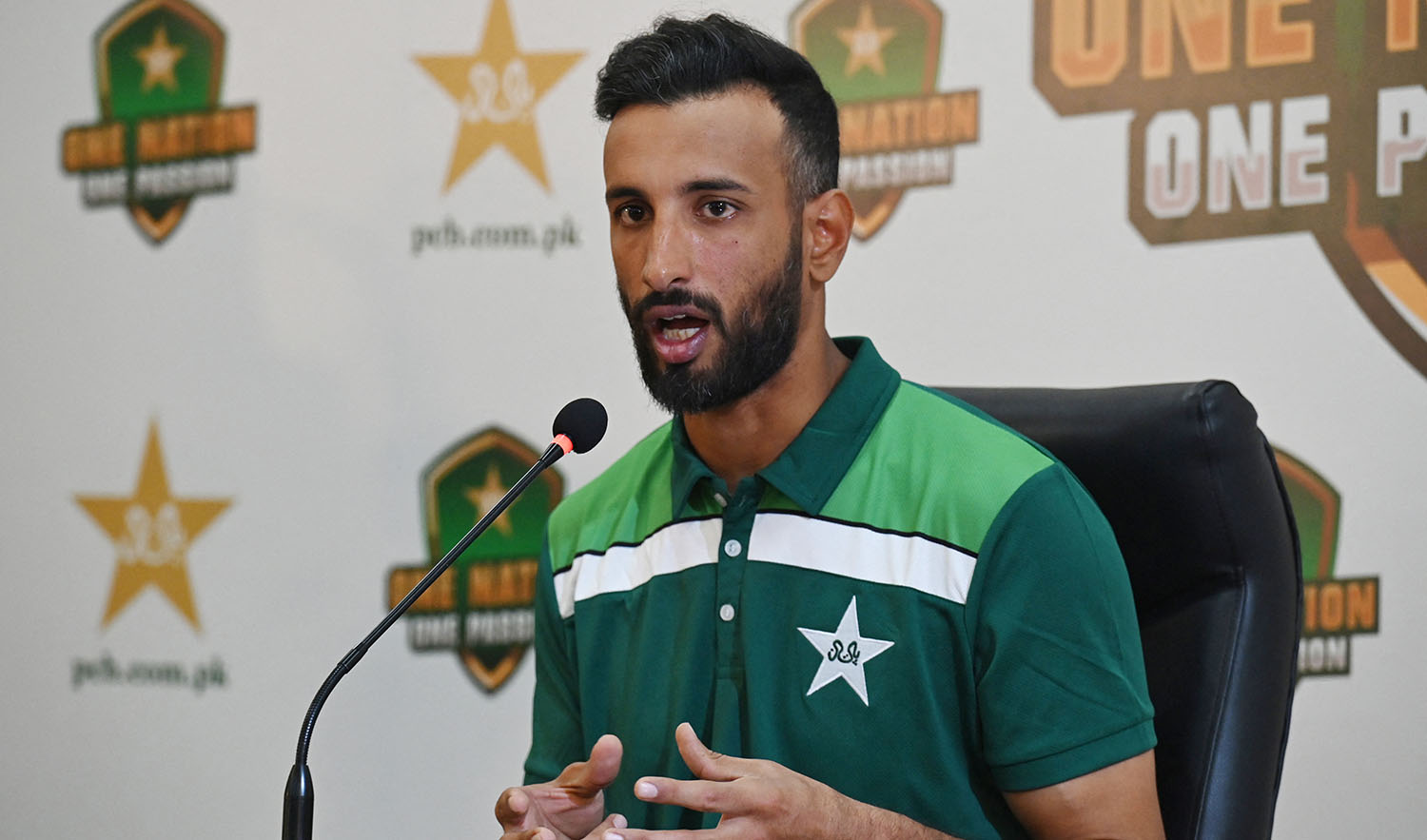 Pakistan's captain Shan Masood speaks during a press conference at the Gaddafi Cricket Stadium in Lahore on November 29, 2023. (AFP/File)