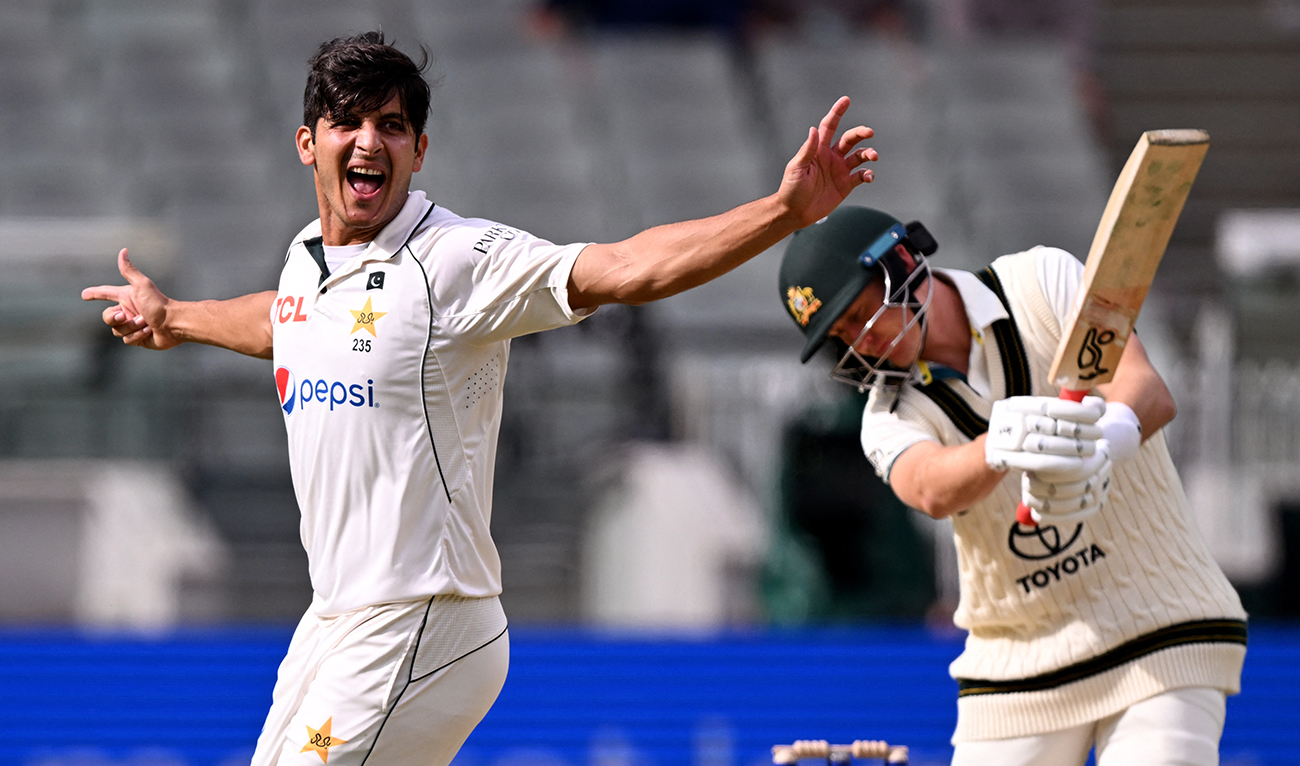 Pakistan's Mir Hamza (L) appeals for a decision against Australian batsman Marnus Labuschagne (R) on the first day of the second cricket Test match between Australia and Pakistan at the Melbourne Cricket Ground (MCG) in Melbourne on December 26, 2023. (AFP)