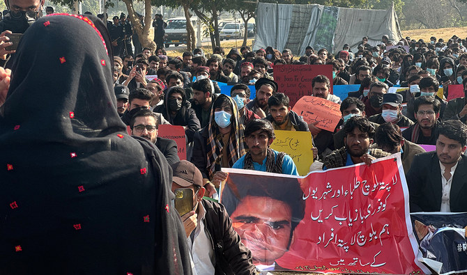 Baloch protestors stage a sit-in outside the National Press Club in Islamabad on December 23, 2023, against the arrests of its marchers earlier this week. (Photo courtesy: X/@BYCislamabad)