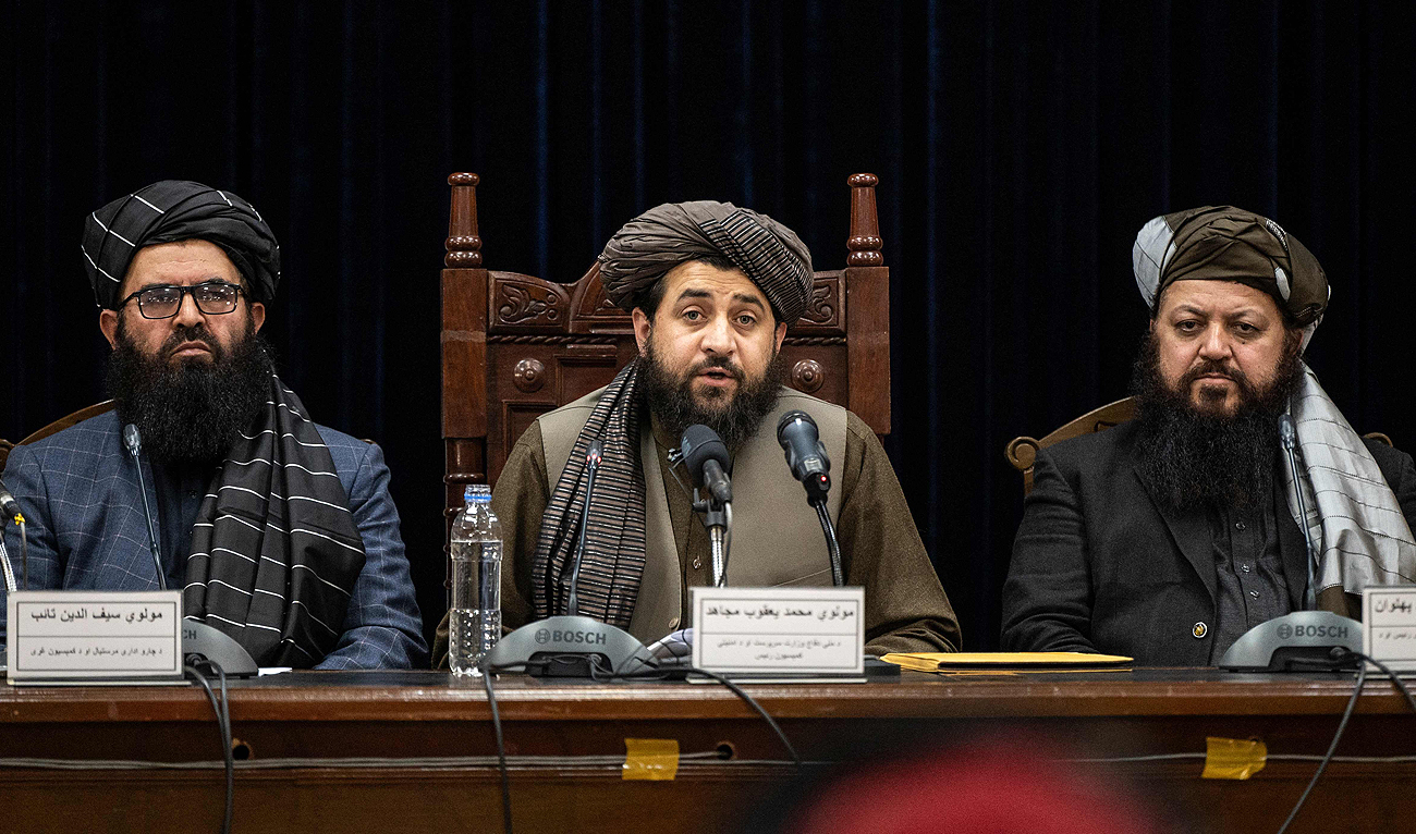 Afghanistan's acting Minister of Defense Mawlawi Mohammad Yaqoob Mujahid (C) speaks during a press conference in Kabul on December 31, 2023. (AFP)