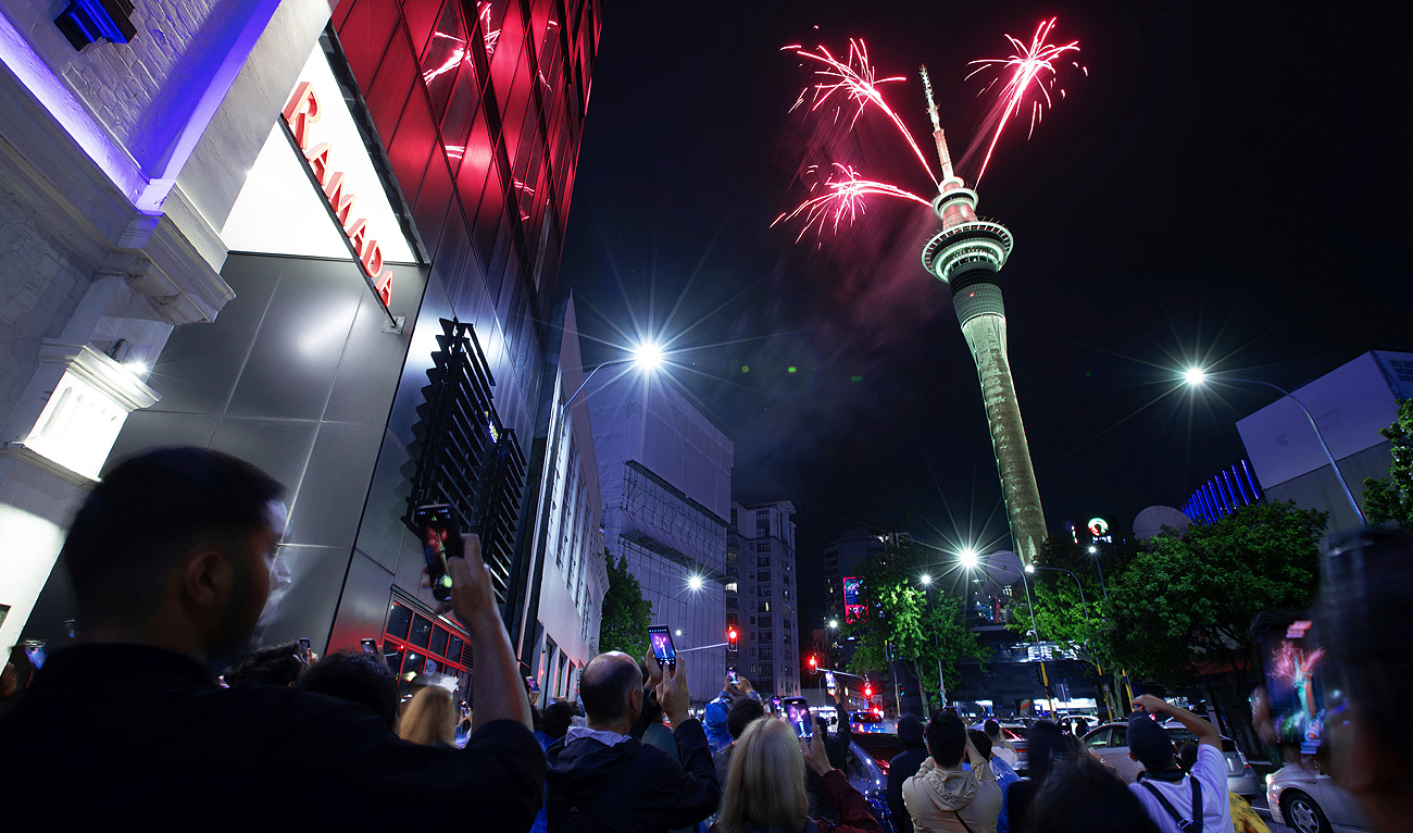 Fireworks burst from the Sky Tower in Auckland, New Zealand, to celebrate the New Year on Monday, Jan. 1, 2024. (AP)