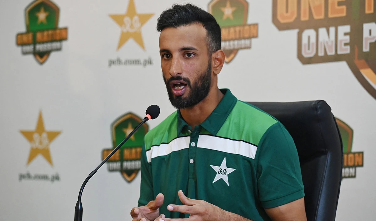 Pakistan's captain Shan Masood speaks during a press conference at the Gaddafi Cricket Stadium in Lahore on November 29, 2023. (AFP/File)