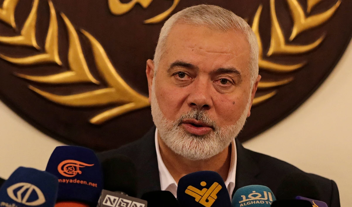 Hamas leader Ismail Haniyeh holds a press conference during his visit to the Dar al-Fatwa, Lebanon's top Sunni religious authority, in Beirut on June 22, 2022. (AFP/File)