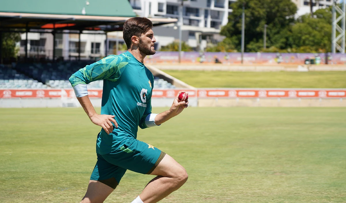 Pakistani pacer Shaheen Shah Afridi is pictured during a practice session ahead of the Pakistan vs Australia Test series at Optus Stadium in Perth, Australia, on December 12, 2023. (Pakistan Cricket Board)