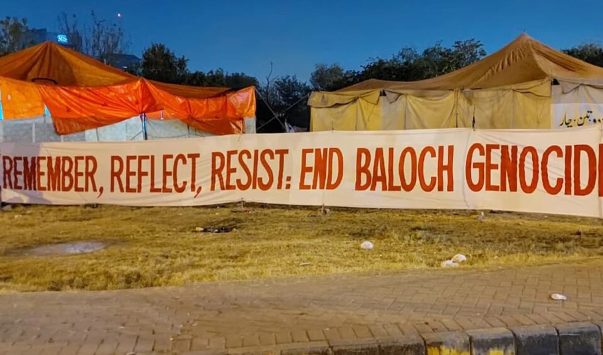Activists' banner is displayed near the Islamabad press club, Pakistan on December 20, 2023. (Photo courtesy: VOA)