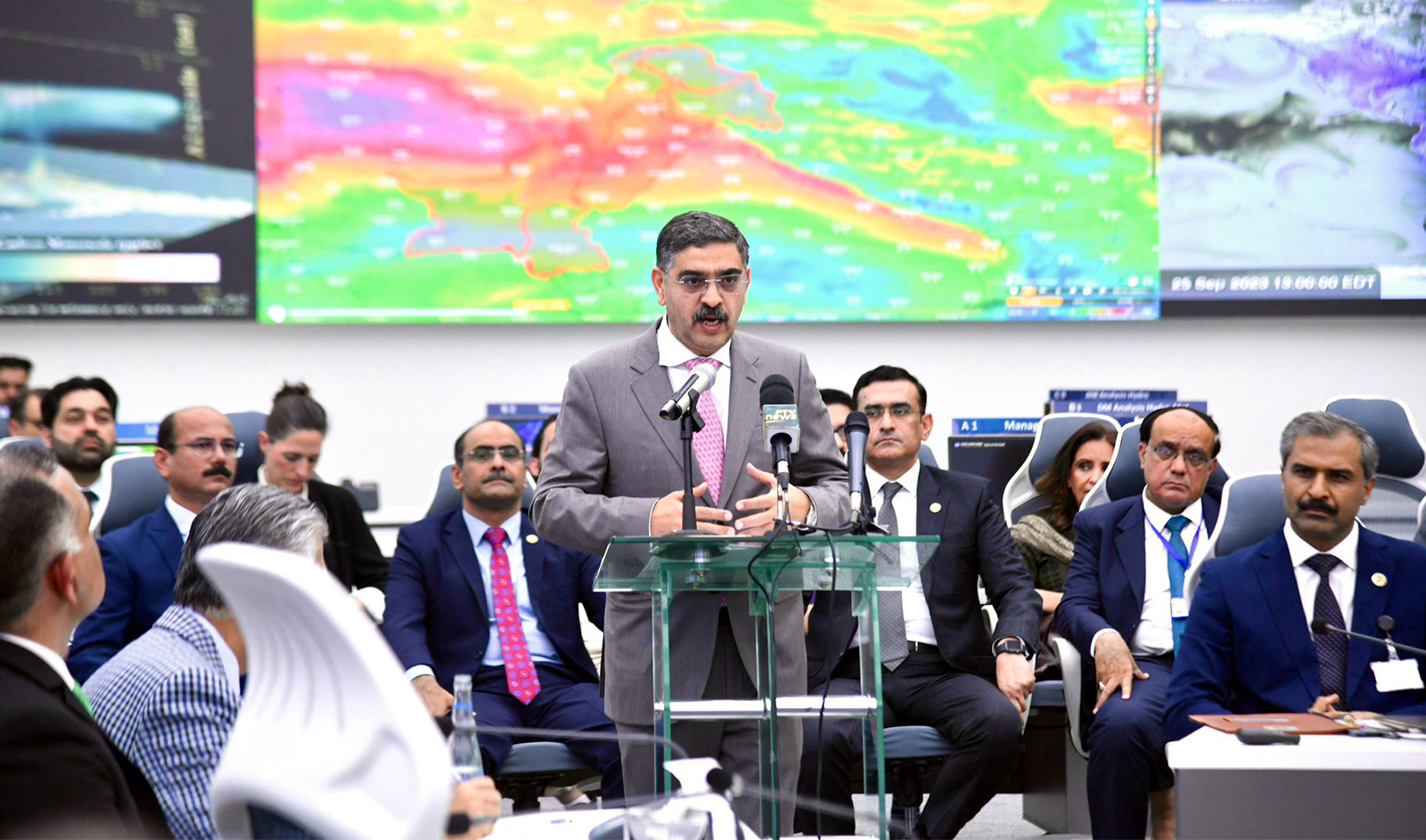 Pakistan’s Caretaker Prime Minister Anwaar-ul-Haq Kakar is addressing a meeting in Islamabad, Pakistan, on October 5, 2023. (Government of Pakistan/File)