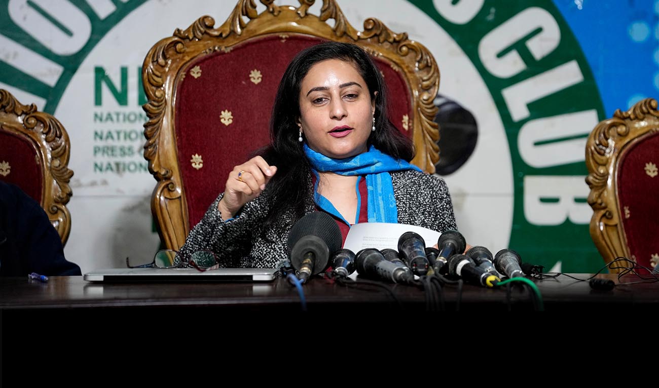 Munizae Jahangir, the co-chairperson at the Human Rights Commission of Pakistan, speaks during a news conference, in Islamabad, Pakistan, on January 1, 2024. (AP)