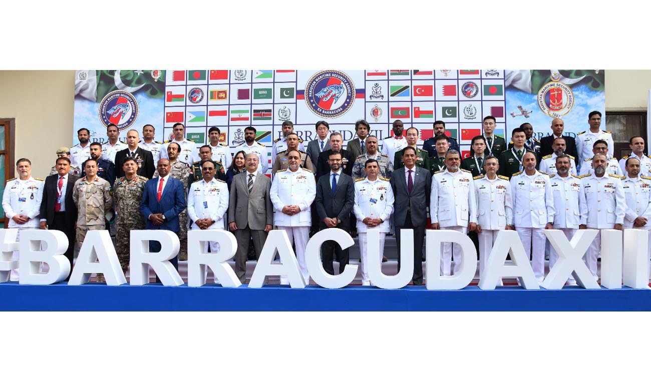 Minister for climate change Ahmed Irfan Aslam (center) with senior officials of Pakistan Navy, PMSA, foreign delegates and national maritime stakeholders at opening ceremony of Pakistan Navy’s international exercise in oil spill response in Karachi, Pakistan on January 2, 2023. (Photo courtesy: Pakistan Navy)