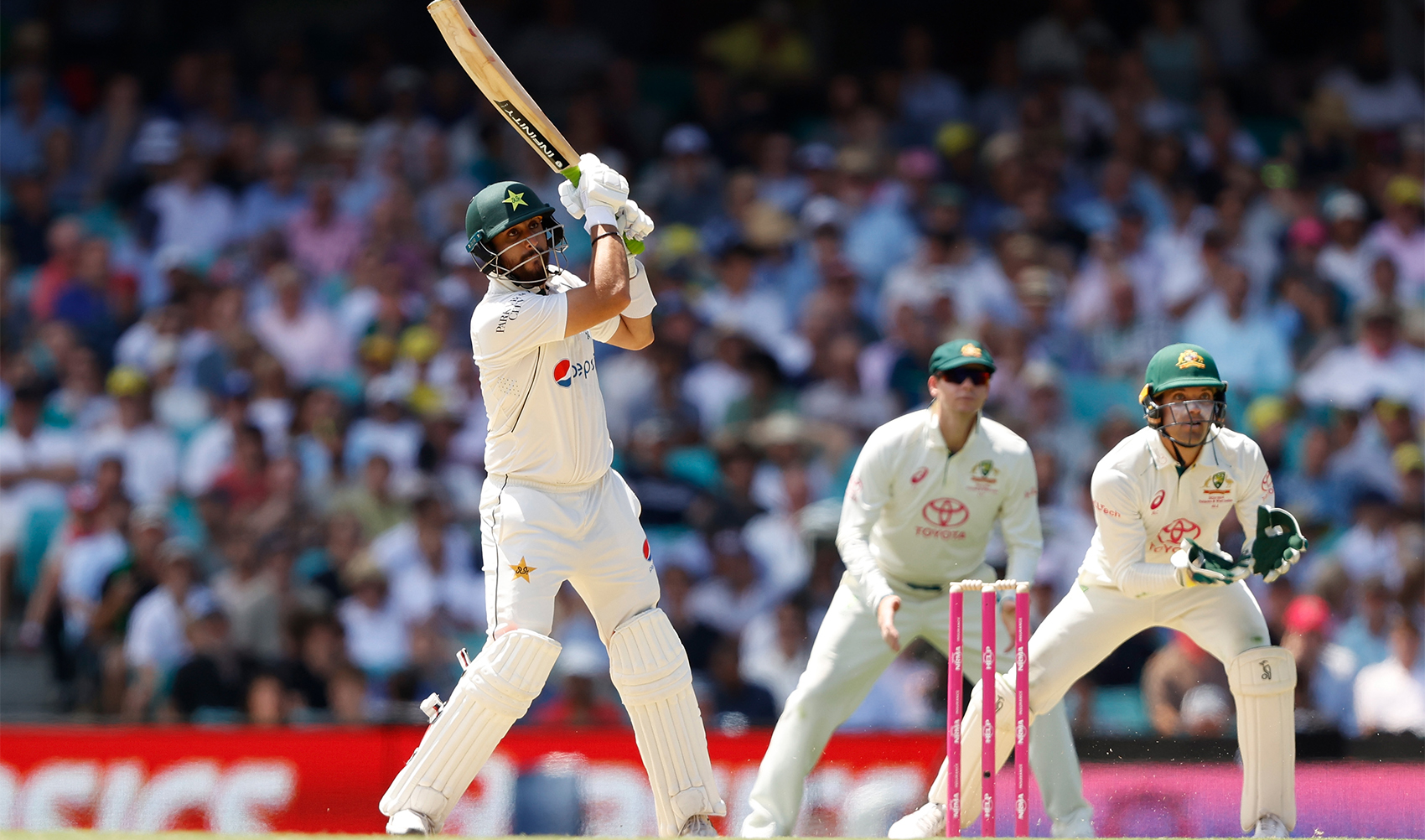 Pakistani batter Salman Ali Agha (left) plays a shot during the day one of the last Test match against Australia in Sydney, Australia, on January 3, 2024. (Pakistan Cricket Board)