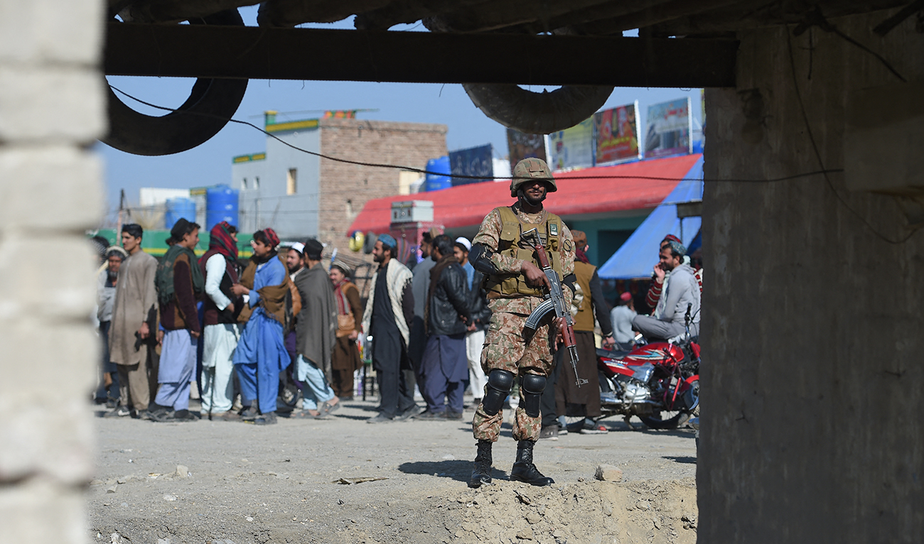 A Pakistani army soldier stands guard at a market in Miran Shah, a town in North Waziristan, near the border between Pakistan and Afghanistan, on January 27, 2019. (AFP/File)