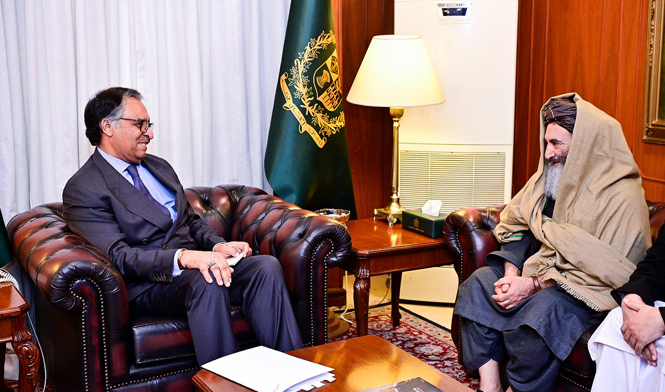 In this handout photo, taken and released by the Ministry of Foreign Affairs, Pakistan’s interim foreign minister Jalil Abbas Jilani (left) gestures during the meeting with an Afghan delegation led by Kandahar’s governor Haji Mullah Shirin (right) in Islamabad on January 3, 2024. (Photo courtesy: MOFA)