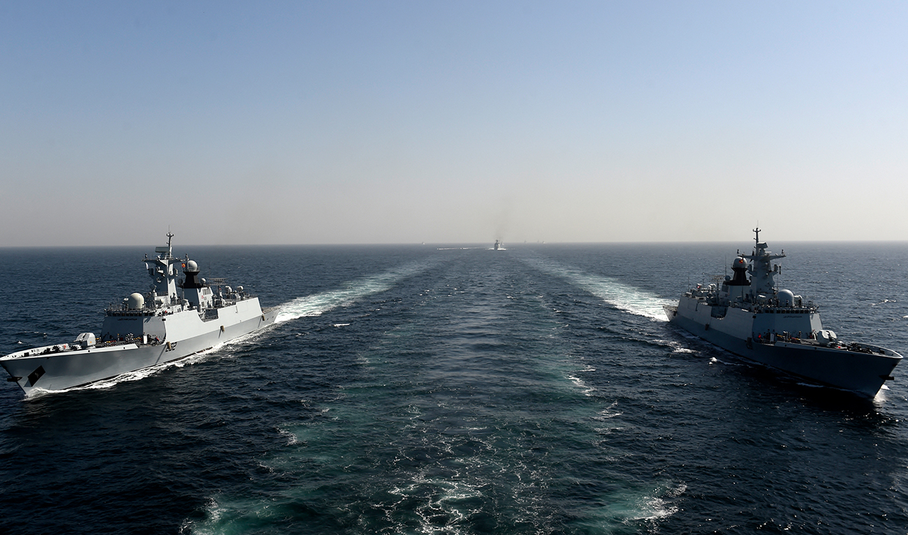 Pakistan Navy Ship (PNS) Taimur (L) and Tughril (R) take part during the multinational naval exercise 'AMAN-23' in the Arabian Sea near Pakistan's port city of Karachi on February 13, 2023. (AFP/File)