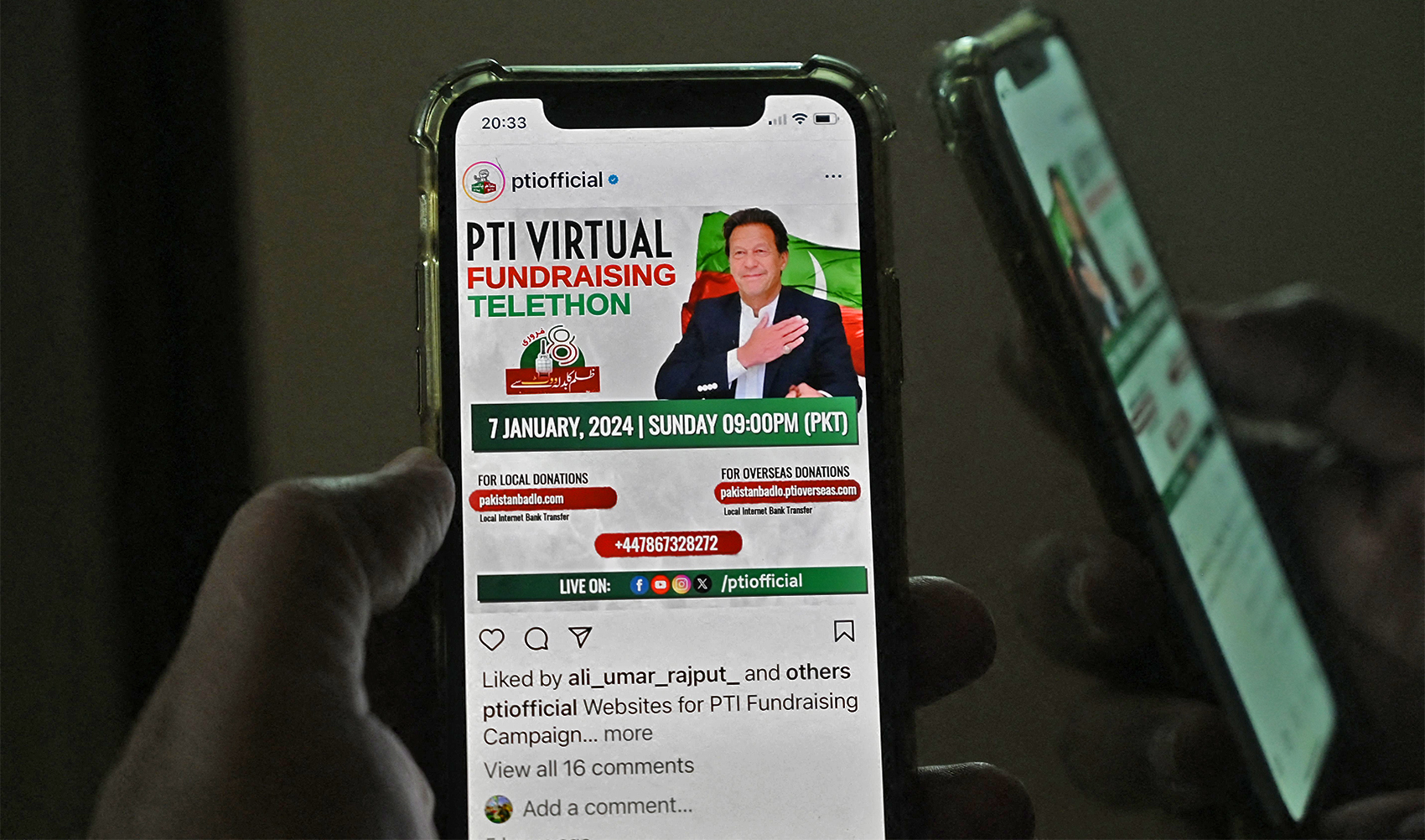 A man checks a social app to monitor the official site of the Pakistan Tehreek-e-Insaf party (PTI) party, as a massive national and global telethon to launch the PTI manifesto and raise campaign funds is launched, in Islamabad on January 7, 2024. (AFP)