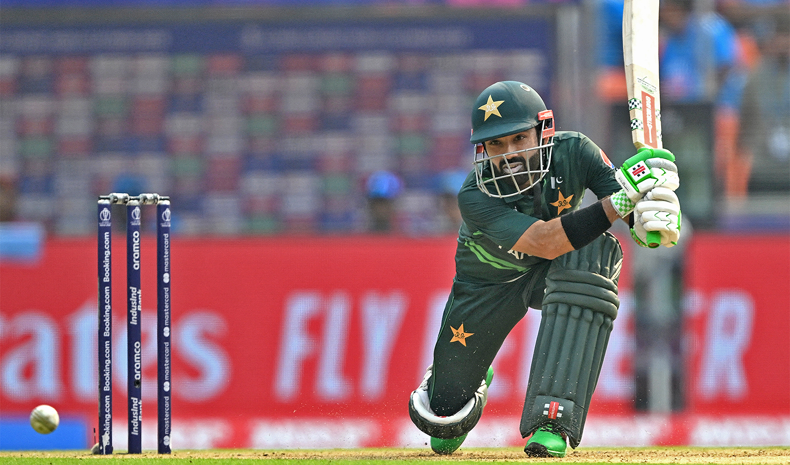 Pakistan's Mohammad Rizwan plays a shot during the 2023 ICC Men's Cricket World Cup one-day international (ODI) match between India and Pakistan at the Narendra Modi Stadium in Ahmedabad on October 14, 2023. (AFP/File)