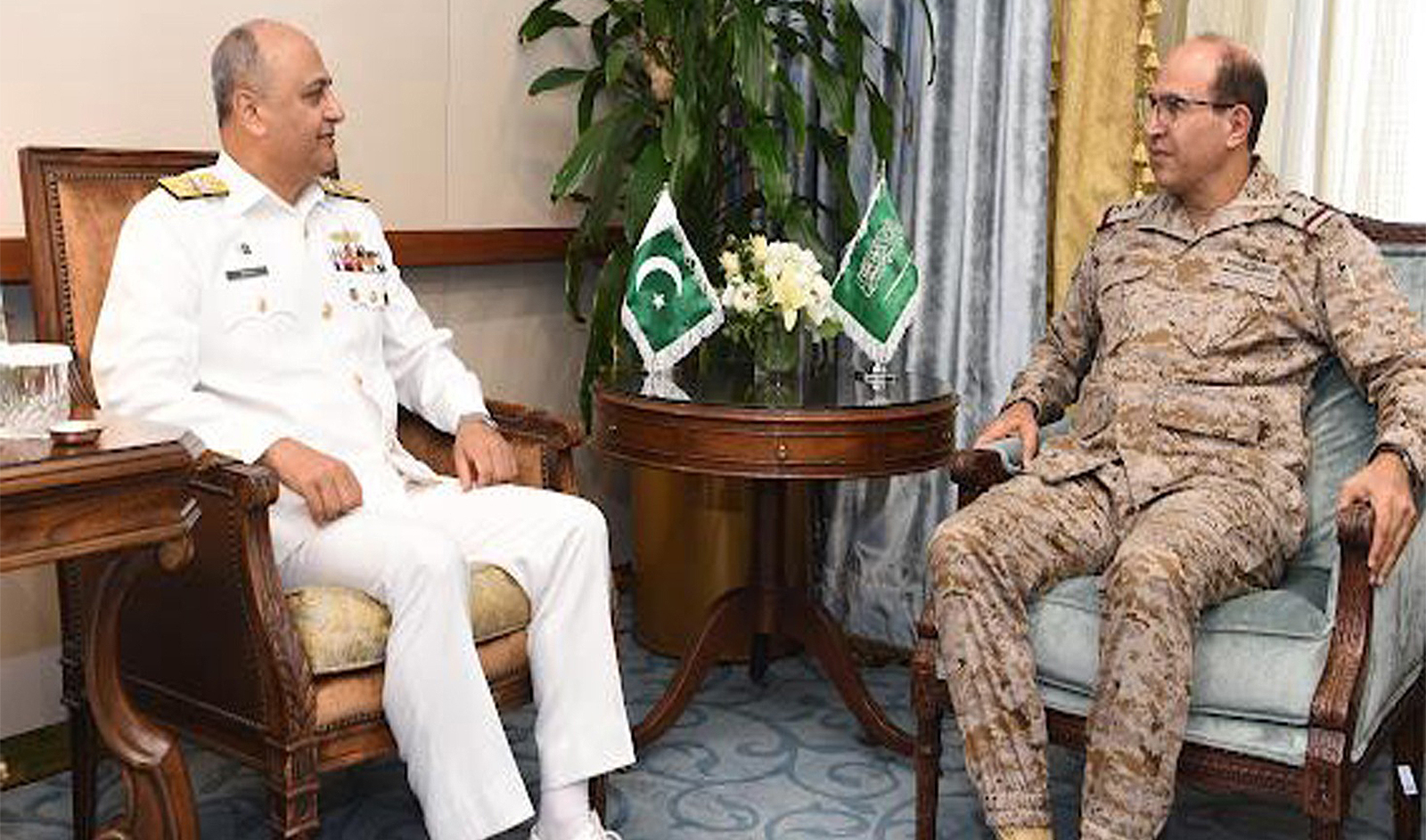 Pakistan’s Vice Chief of Naval Staff Admiral Ovais Ahmed Bilgrami (left) calls on Vice Admiral Fahad bin Abdullah Al-Ghofaily, the Commander of Royal Saudi Naval Forces, in Saudi Arabia on January 8, 2024. (Pakistan Navy)