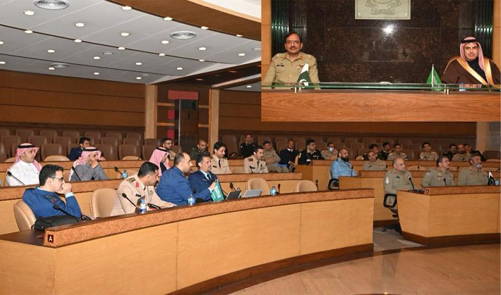 The collage of image shared by Pakistan Army's media wing, ISPR, on January 9, 2024, shows participants attending third meeting of the "Pakistan-KSA Defense Collaboration" forum at the army’s headquarters in Rawalpindi, Pakistan, on January 8, 2024. (ISPR)
