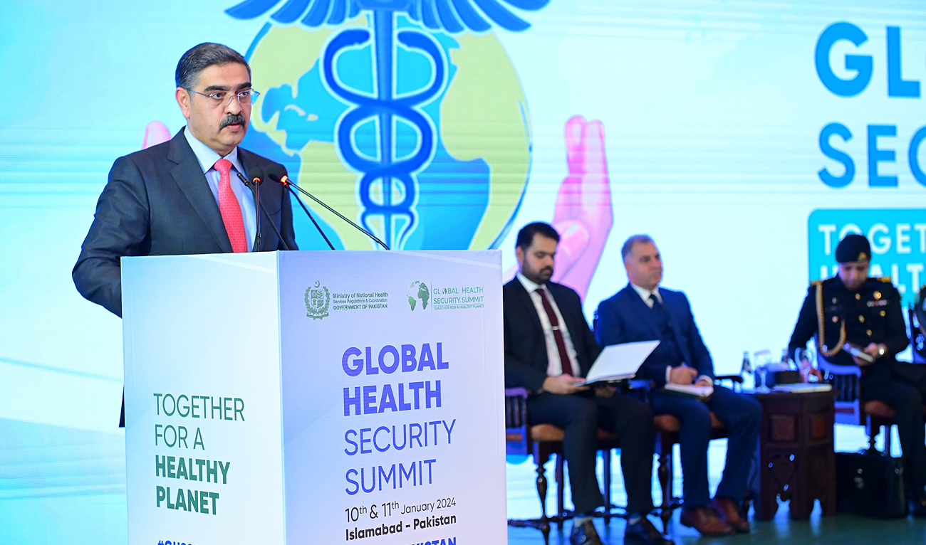 Pakistan caretaker prime minister Anwaar-ul-Haq Kakar speaks during the country's first-ever Global Health Security Summit in Islamabad on January 10, 2024. (PMO)
