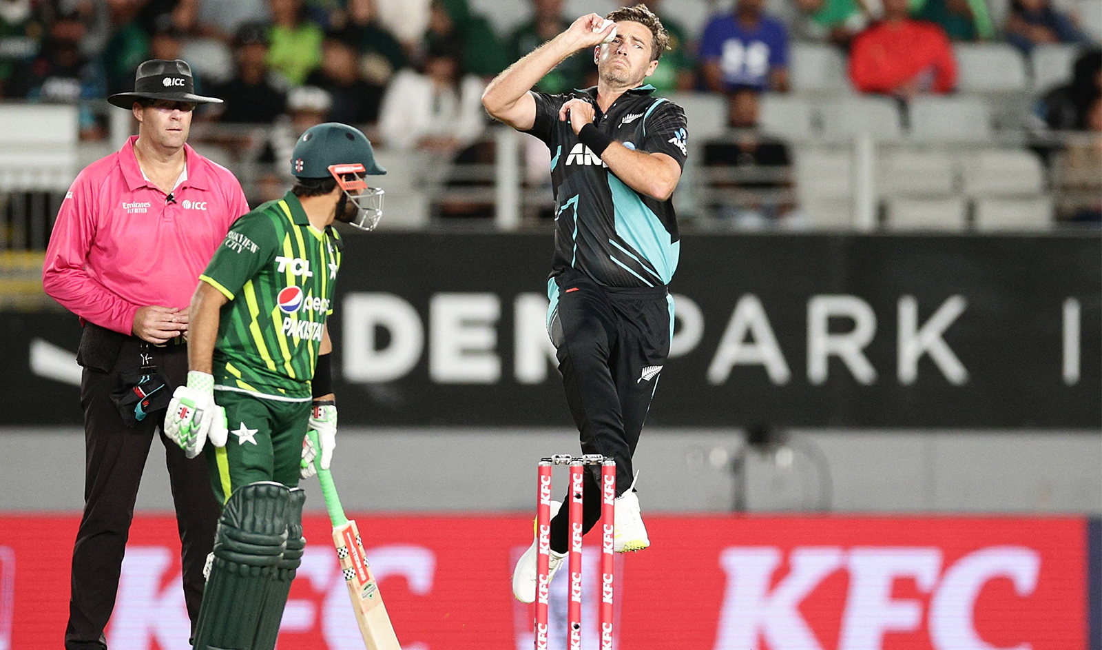 New Zealand's Tim Southee bowls during the first Twenty20 international cricket match between New Zealand and Pakistan at Eden Park in Auckland on January 12, 2024. (AFP)
