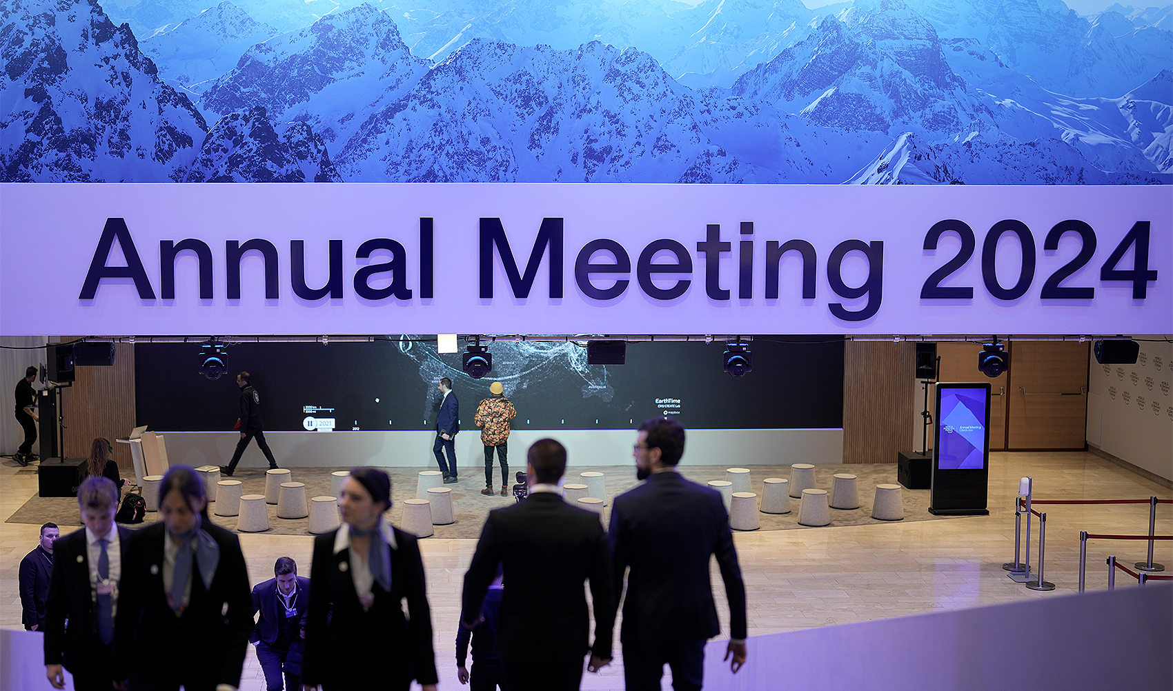 People at the Congress Center where the World Economy Forum take place in Davos, Switzerland, on January 14, 2024. (AP)