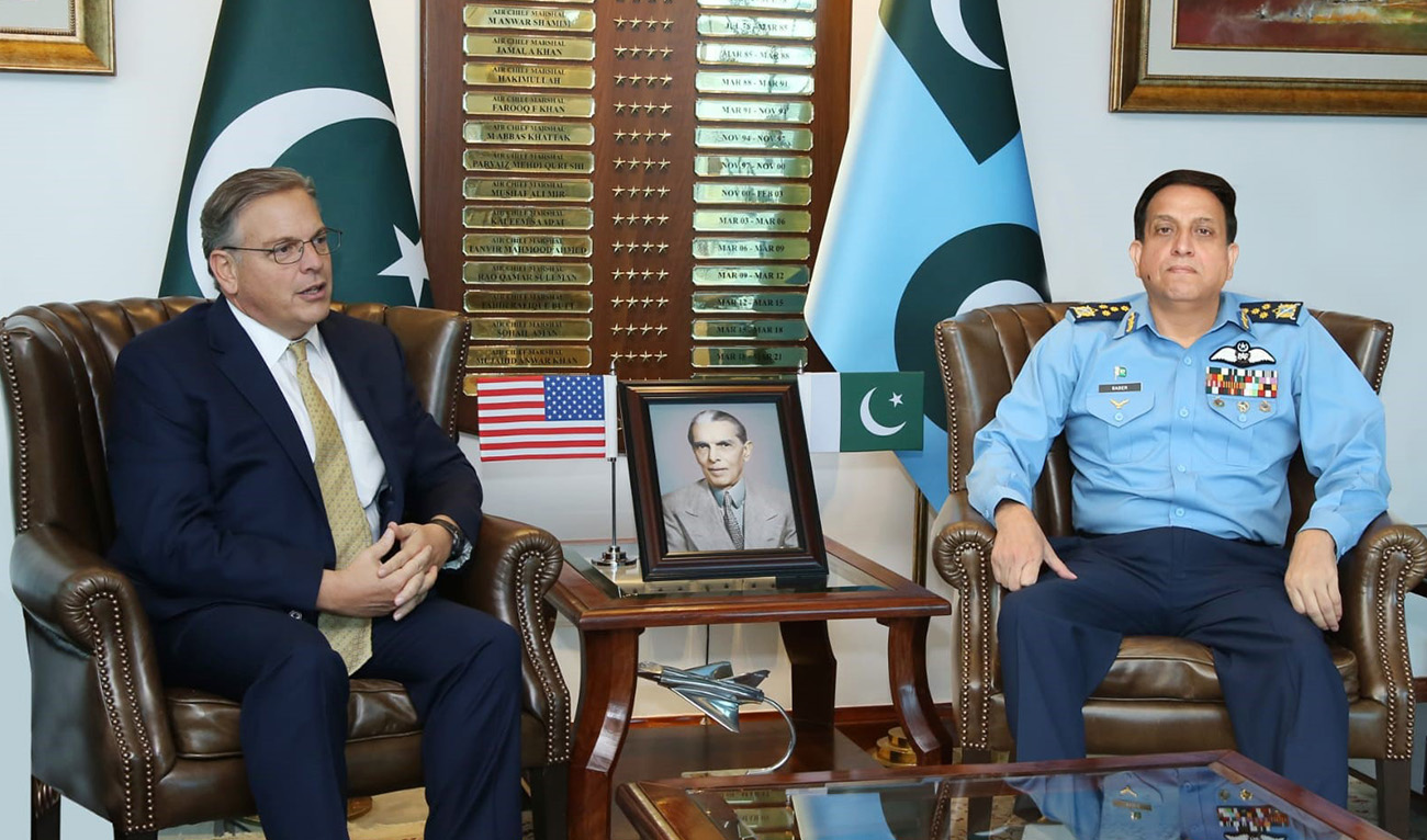 US Ambassador to Pakistan Donald Blome (left) meets Pakistan Air Force (PAF) chief Zaheer Ahmed Baber Sidhu on January 16, 2024, in Islamabad, Pakistan. (Pakistan Air Force)
