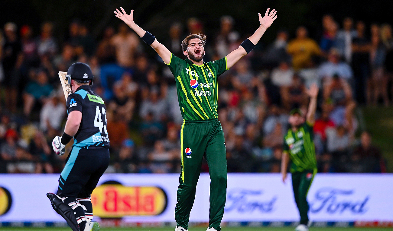 Pakistan's Shaheen Afridi appeals to the umpire while bowling to New Zealand during their T20 cricket match in Christchurch on January 19, 2024. (AP)