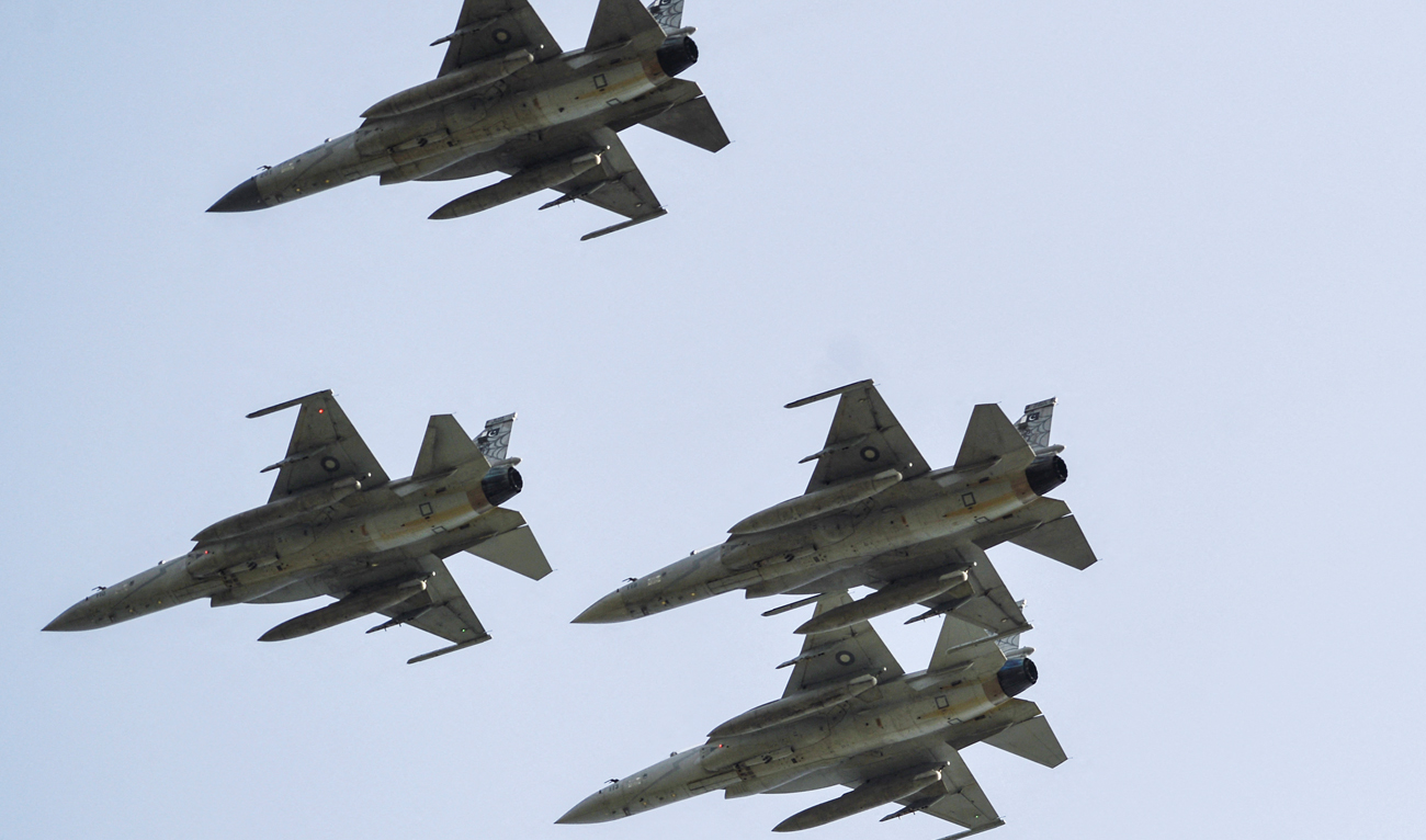 Pakistan's Air Force fighter jets fly in formation during a Pakistan Day parade in Islamabad on March 23, 2022. (AFP)
