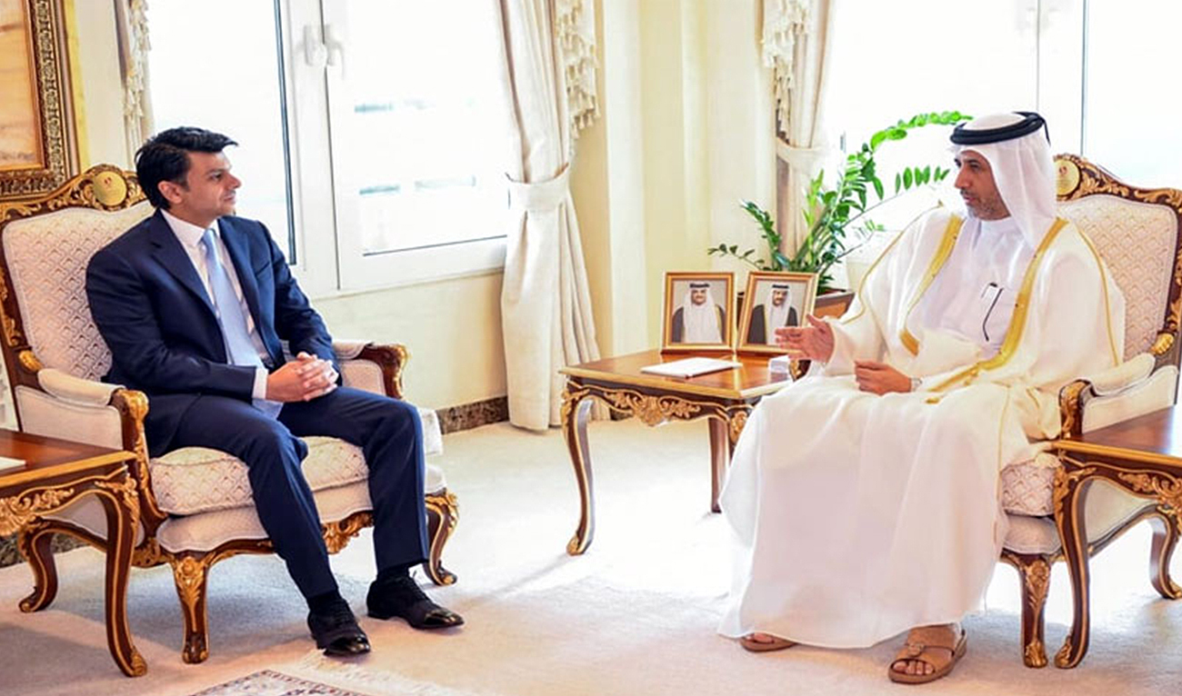 The Pakistani prime minister’s envoy on human resource development, Jawad Sohrab Malik (left), meets Qatar’s Minister of State for Interior Affairs, Sheikh Abdulaziz bin Faisal Al Thani in Doha, Qatar, on January 19, 2023. (Photo courtesy: Radio Pakistan)