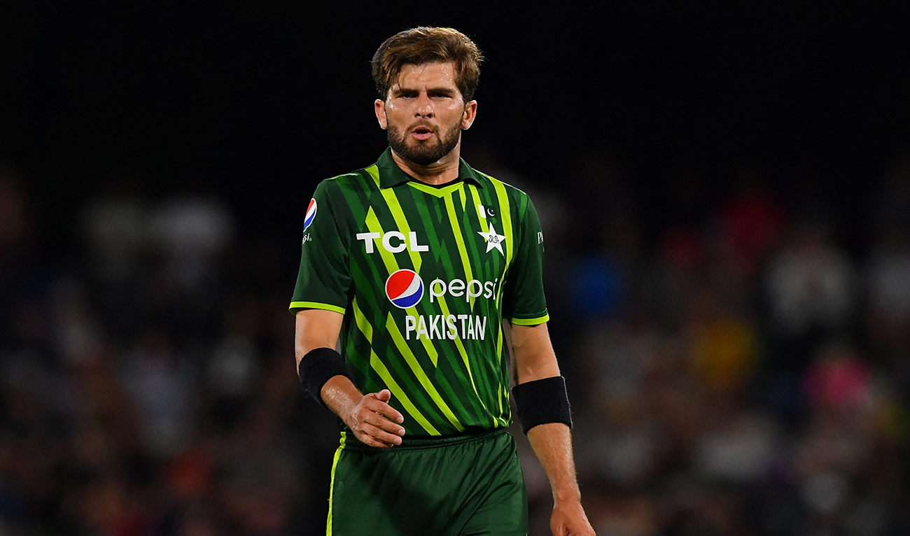 Pakistan's Shaheen Shah Afridi looks on during the fourth Twenty20 international cricket match between New Zealand and Pakistan at Hagley Oval in Christchurch on January 19, 2024. (AFP/File)