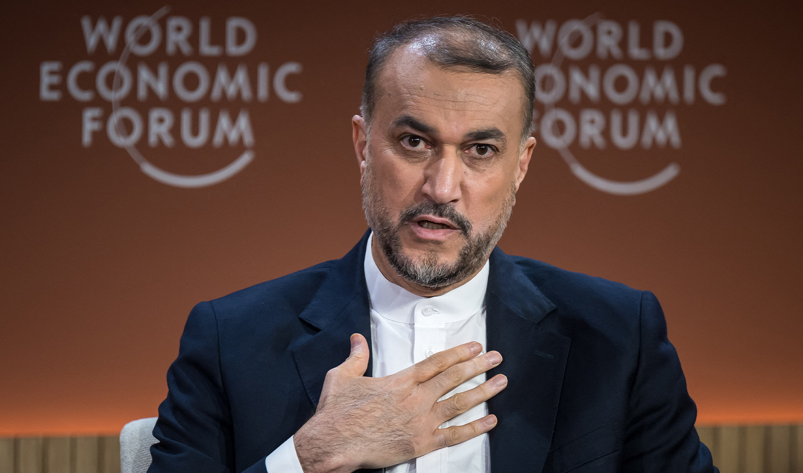 Iranian Foreign Minister Hossein Amir-Abdollahian gestures during a session at the World Economic Forum (WEF) meeting in Davos on January 17, 2024. (AFP/File)
