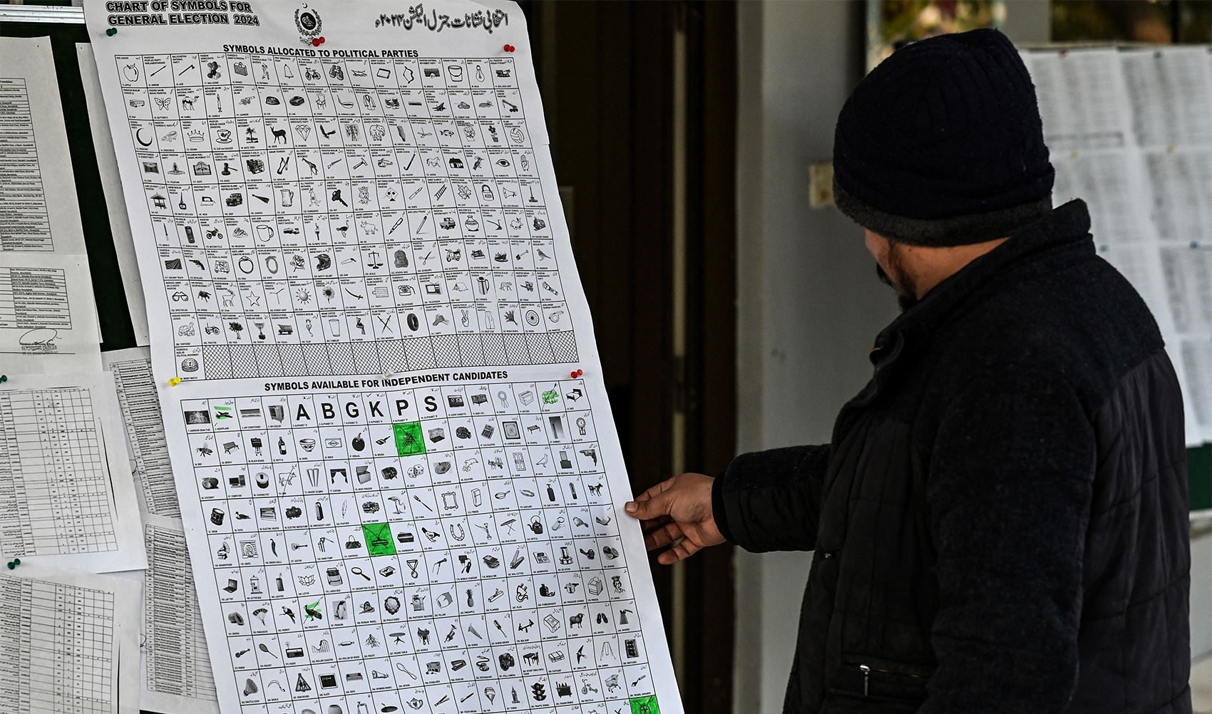 A man looks at a chart comprising symbols of political parties and independent candidates displayed at the election office in Rawalpindi on January 15, 2024 ahead of Pakistan's upcoming general election. (AFP/File)