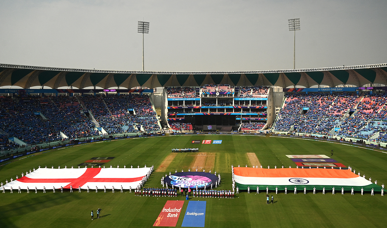 In this file photo, taken on October 29, 2023, the national flags of England (L) and India are displayed before the start of the 2023 ICC Men's Cricket World Cup one-day international (ODI) match between India and England at the Ekana Cricket Stadium in Lucknow. (AFP/File)