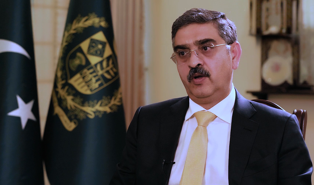 In this file photo, taken on November 6, 2023, Pakistani Caretaker Prime Minister Anwaar-ul-Haq Kakar speaks during an interview with Arab News in Islamabad. (AN Photo)
