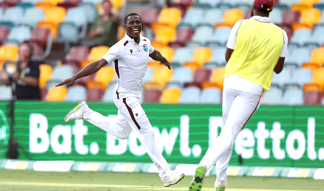 Shamar Joseph of the West Indies dismisses Josh Hazlewood of Australia, sealing a win for the West Indies during day four of the second cricket Test match between Australia and West Indies at the Gabba in Brisbane on January 28, 2024. (AFP)