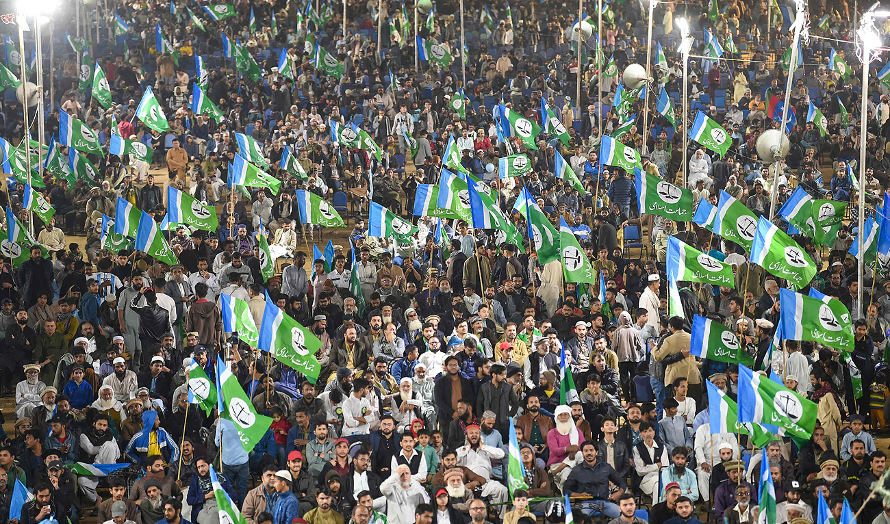 Jamaat-e-Islami Pakistan (JIP) party supporters attend an election campaign rally in Karachi on January 28, 2024. (AFP)