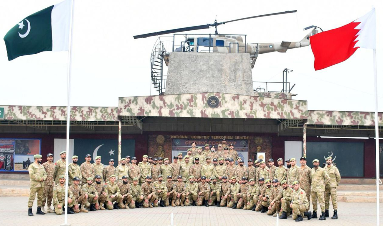 Pakistani and Bahraini forces pose for a photo during the opening ceremony of joint exercise Al-BADAR-VIII National Counter Terrorism Centre, Pabbi, Pakistan on January 29, 2024. (Photo courtesy: military's media wing)